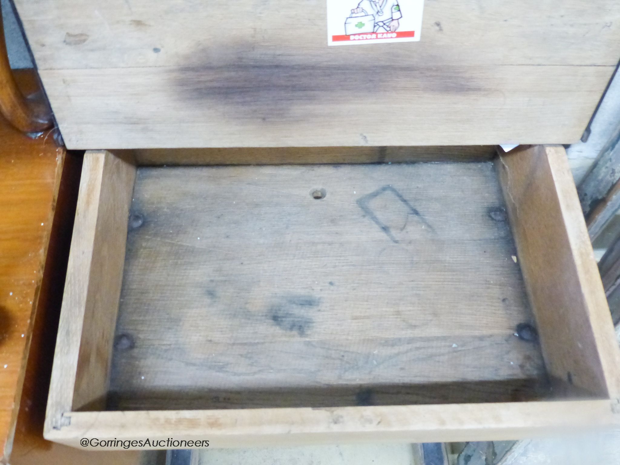 A vintage oak student's desk, width 56cm, depth 47cm, height 77cm